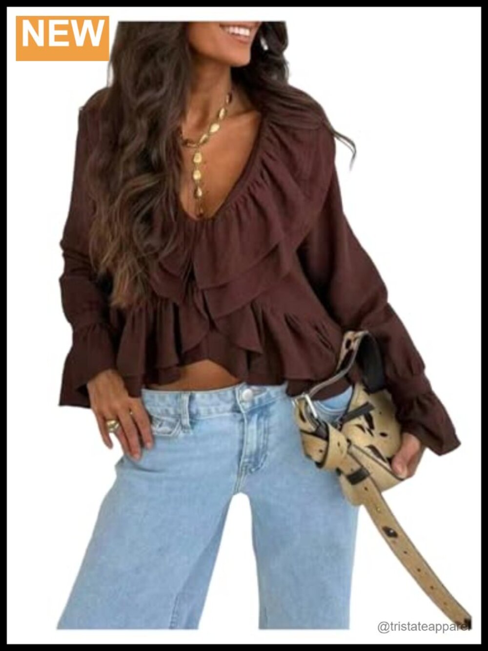 Ruffle Long Sleeve Crop Top Boho V Neck Peplum Blouse